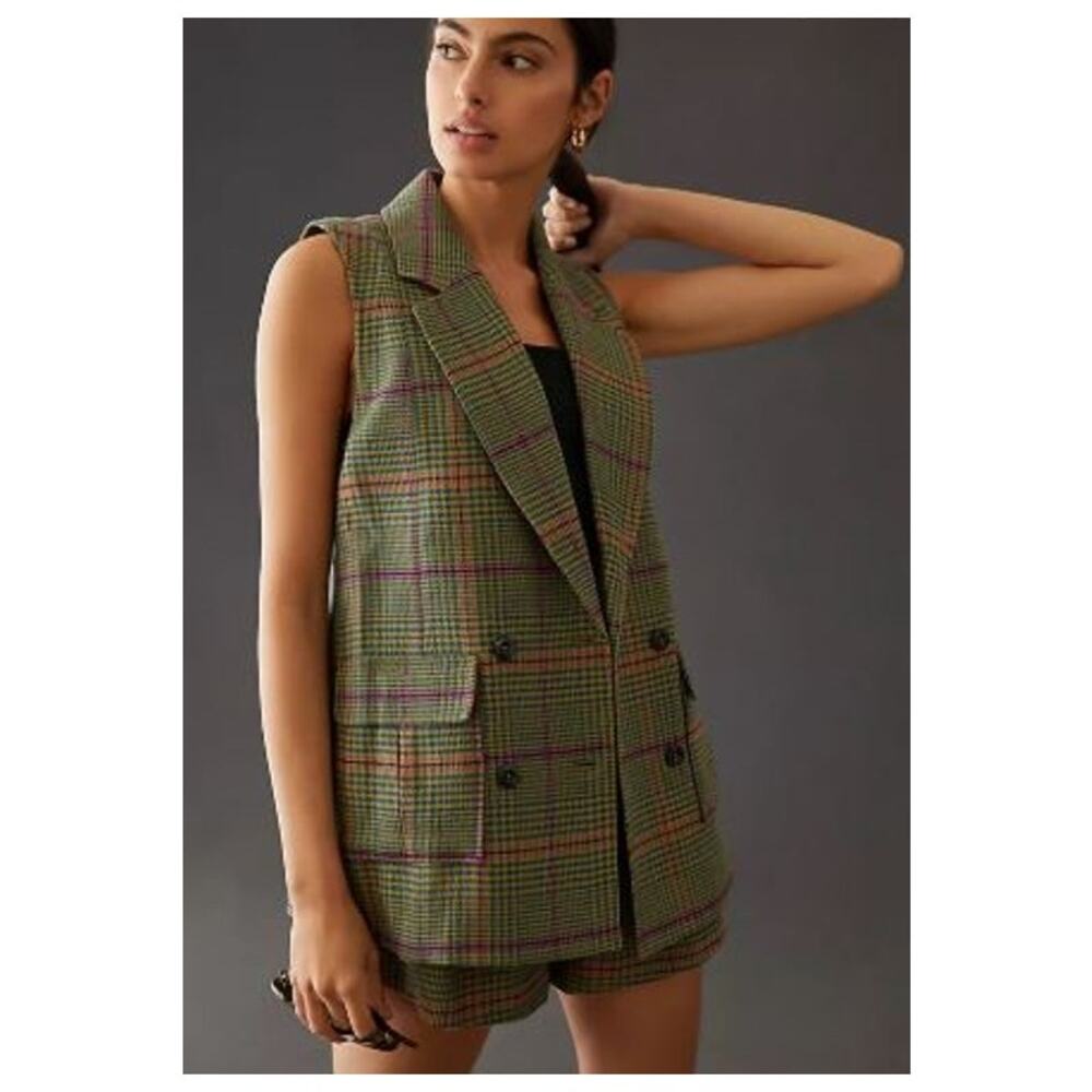 By Anthropologie Womens Size Small Vest Green Plaid Cotton Notch Collar Pockets